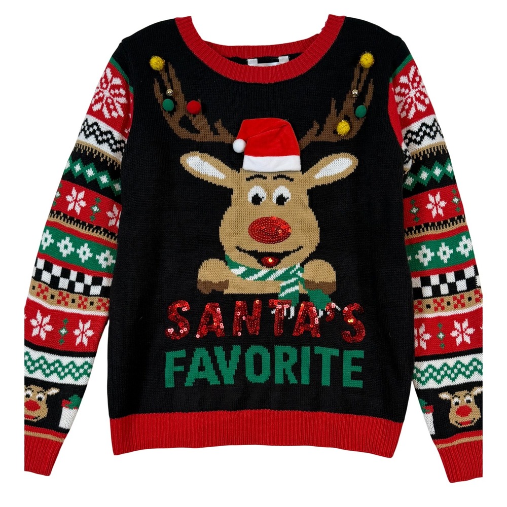Womens Reindeer Christmas Sweater Black Red Santa's Favorite •L• Kitschy Kitschy